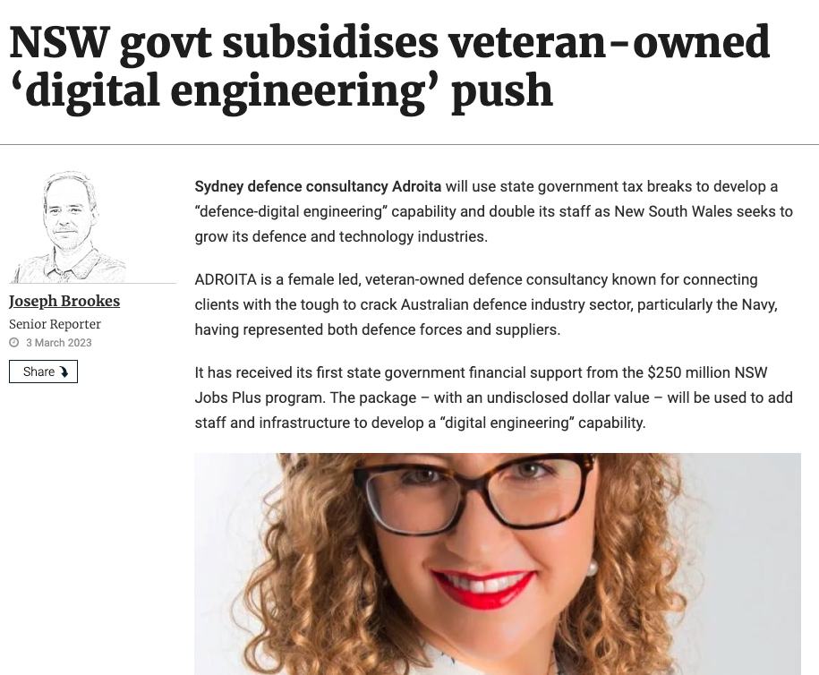 ADROITA in InnovationAus.com: ‘NSW govt subsidises veteran-owned ‘digital engineering’ push’ image